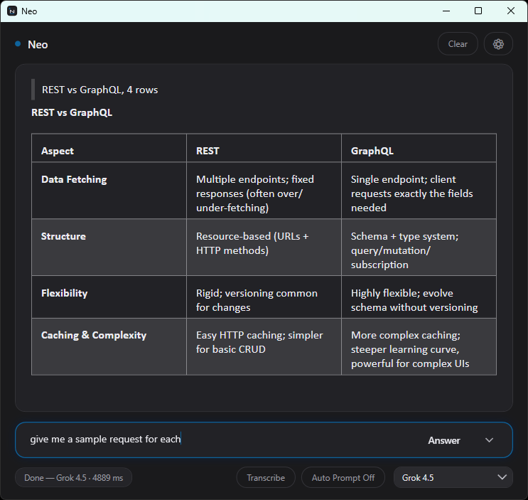 Neo rendering a REST vs GraphQL comparison table in streaming chat