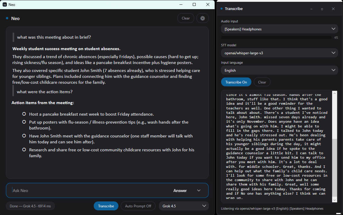 Neo summarizing a meeting and listing action items from a live system-audio transcript