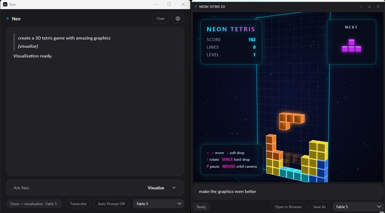 A playable neon 3D Tetris game generated from a single prompt in Visualize mode